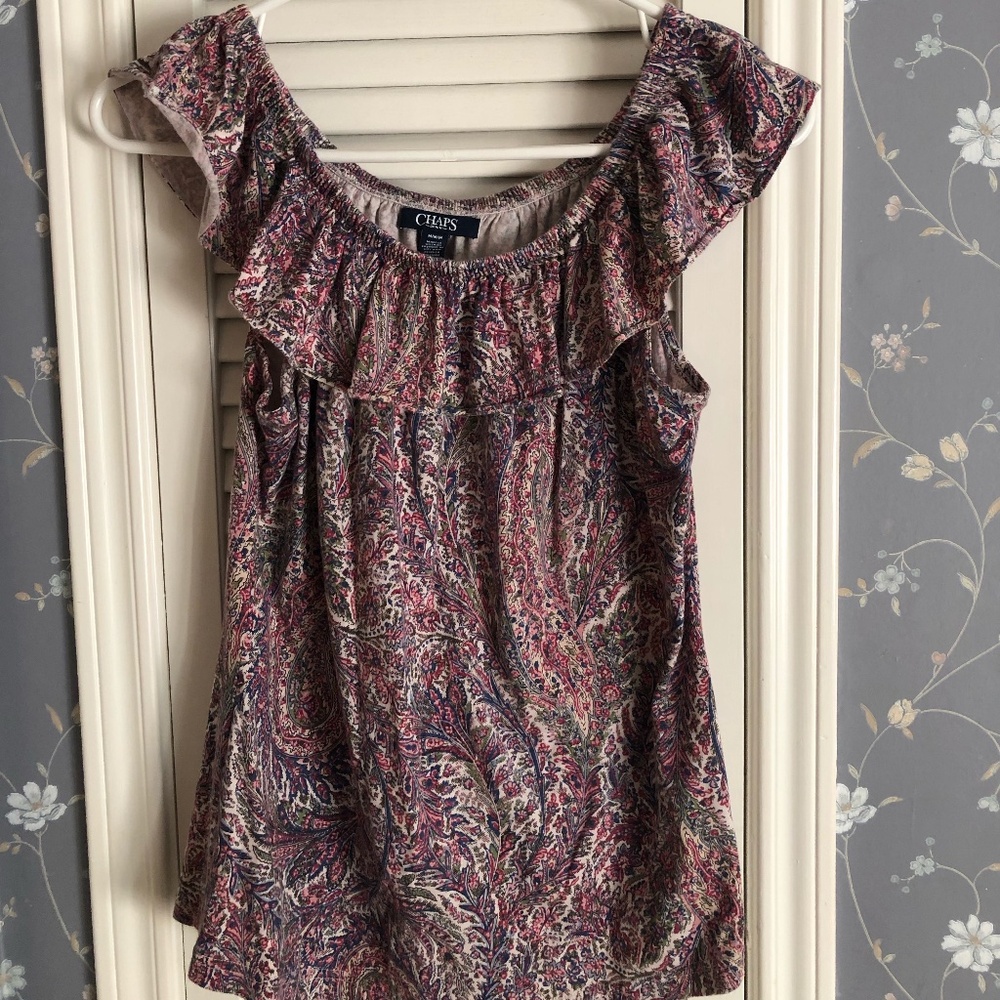 Chaps Denim Multicolor Paisley Tank Top Ruffle Collar Elastic, Women's Medium